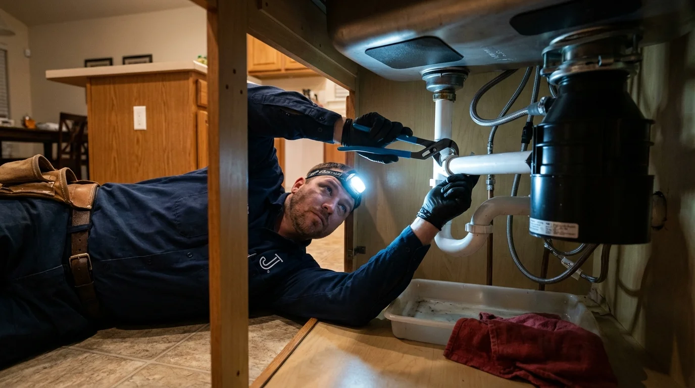 P-trap and supply line connections under a kitchen sink showing a common leak point in Fort Pierre, SD